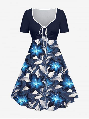 Plus Size Glitter Flower Leaf Print Hawaii Cinched A Line Dress - BLUE - XXS