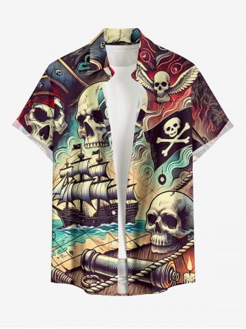 Plus Size Skull Pirate Sailboat Sea Waves Print Hawaii Cruise Button Pocket Shirt For Men - BLACK - M