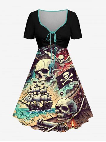 Plus Size Skull Pirate Sailboat Sea Waves Print Hawaii Cruise Cinched A Line Dress - BLACK - S