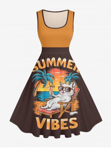 Plus Size Coconut Tree Cat Seascape Letter Print Hawaii Vintage Swing A Line Dress - BROWN - 6X