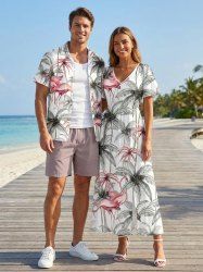 Ensemble de plage hawaïen assorti grande taille à imprimé flamant rose et cocotier pour couples - Blanc 