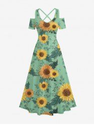 Plus Size Sunflowers Leaf Oil Painting Print Cold Shoulder Crisscross Hawaii Maxi Dress -  