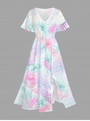 Plus Size Hibiscus Flower Tropical Leaf Print Split Hawaii Midi Dress -  