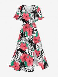 Plus Size Hibiscus Flower Leaf Print Split Hawaii Midi Dress -  