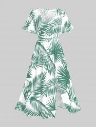 Plus Size Tropical Leaf Print Split Hawaii Midi Dress -  