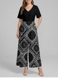 Plus Size Paisley Floral Scarf Print V Neck Hawaii Wide Leg Jumpsuit -  