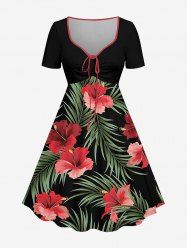 Hibiscus Flower Tropical Leaf Print Cinched Hawaii Dress - Noir XS