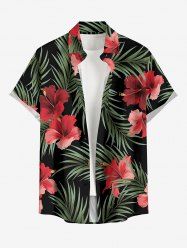 Hibiscus Flower Tropical Leaf Print Buttons Pocket Hawaii Shirt For Men -  