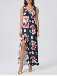 Hibiscus Flowers Leaf Print Hawaii Ruffles Split Surplice Dress - Bleu profond XXL