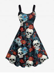 Daisy Flowers Leaf Skull Print Hawaii Tank Dress - Noir 1X