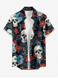Daisy Flowers Leaf Skull Print Buttons Pocket Hawaii Shirt For Men - Noir L