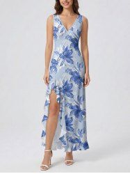 Flowers Leaf Print Hawaii Ruffles Split Surplice Dress - Bleu Ciel M