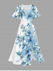 Flowers Leaf Ombre Print Split Hawaii Midi Dress -  