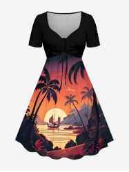 Coconut Tree Sun Mountain Seascape Boat Print Cinched Hawaii Dress -  
