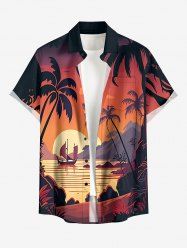 Coconut Tree Sun Mountain Seascape Boat Print Buttons Pocket Hawaii Shirt For Men -  