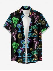 Men's Glitter Neon Coconut Tree Flamingo Juice Print Hawaii Button Pocket Shirt -  