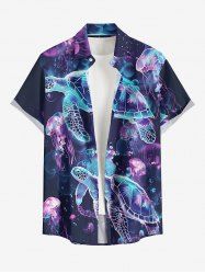 Plus Size Ombre Turtle Jellyfish Print Hawaii Sea Creatures Button Pocket Shirt For Men -  