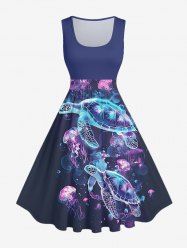 Ombre Turtle Jellyfish Print Hawaii Sea Creatures Vintage Swing A Line Dress -  