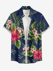 Plus Size Tropical Leaf Hibiscus Flower Print Hawaii Button Pocket Shirt For Men -  