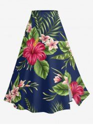 Tropical Leaf Hibiscus Flower Print Hawaii Split A Line Skirt - Bleu profond 3X