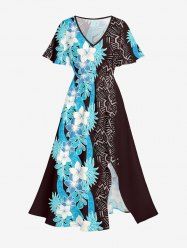Plus Size Tropical Leaf Flower Ethnic Print Hawaii Split Pocket A Line Midi Dress -  
