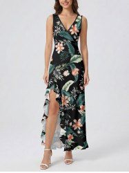 Tropical Leaf Flower Print Hawaii Ruffles Split Dress -  