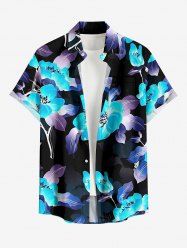 Plus Size Flower Leaf Print Hawaii Button Pocket Shirt For Men -  