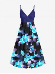 Plus Size Flower Leaf Print Hawaii Surplice A Line Cami Dress -  