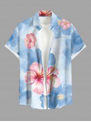Plus Size Hibiscus Flowers Watercolor Print Buttons Pocket Hawaii Shirt For Men -  