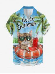 Plus Size Coconut Tree Cat Swimming Ring Letters Print Hawaii Button Pocket Shirt For Men - Bleu Ciel 4XL