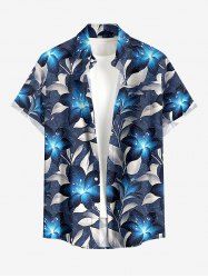 Glitter Flower Leaf Print Hawaii Button Pocket Shirt For Men -  