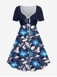 Glitter Flower Leaf Print Hawaii Cinched A Line Dress -  