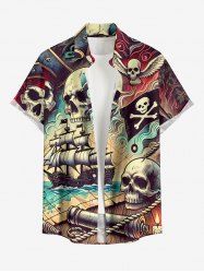 Skull Pirate Sailboat Sea Waves Print Hawaii Cruise Button Pocket Shirt For Men -  