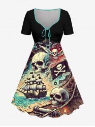 Plus Size Skull Pirate Sailboat Sea Waves Print Hawaii Cruise Cinched A Line Dress - Noir L