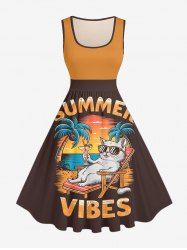 Plus Size Coconut Tree Cat Seascape Letter Print Hawaii Vintage Swing A Line Dress - Brun XXS