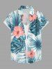 Women Hibiscus Flowers Tropical Leaf Print Buttons Pocket Hawaii Shirt - Bleu M