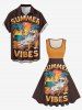 Robe trapèze vintage hawaïenne à imprimé chat et cocotiers grande taille - Brun 1X