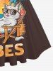 Robe trapèze vintage hawaïenne à imprimé chat et cocotiers grande taille - Brun 1X