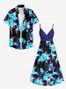 Plus Size Flower Leaf Print Hawaii Surplice A Line Cami Dress -  