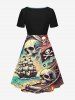 Robe trapèze grande taille à imprimé tête de mort, voilier pirate et vagues, style croisière hawaïenne - Noir XXS