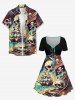 Plus Size Skull Pirate Sailboat Sea Waves Print Hawaii Cruise Cinched A Line Dress - Noir 2X