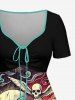 Plus Size Skull Pirate Sailboat Sea Waves Print Hawaii Cruise Cinched A Line Dress - Noir 2X
