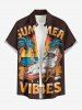 Chemise à boutons grande taille pour homme, imprimée de lettres, motif chat et cocotier, style hawaïen, avec poche boutonnée. - Brun 2XL