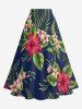 Tropical Leaf Hibiscus Flower Print Hawaii Split A Line Skirt - Bleu profond 3X
