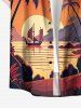 Coconut Tree Sun Mountain Seascape Boat Print Buttons Pocket Hawaii Shirt For Men -  