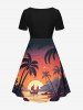 Coconut Tree Sun Mountain Seascape Boat Print Cinched Hawaii Dress - Orange vif L