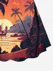 Coconut Tree Sun Mountain Seascape Boat Print Cinched Hawaii Dress - Orange vif L