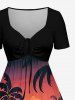 Coconut Tree Sun Mountain Seascape Boat Print Cinched Hawaii Dress - Orange vif L