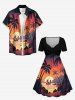 Coconut Tree Sun Mountain Seascape Boat Print Cinched Hawaii Dress -  