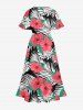 Plus Size Hibiscus Flower Leaf Print Split Hawaii Midi Dress -  